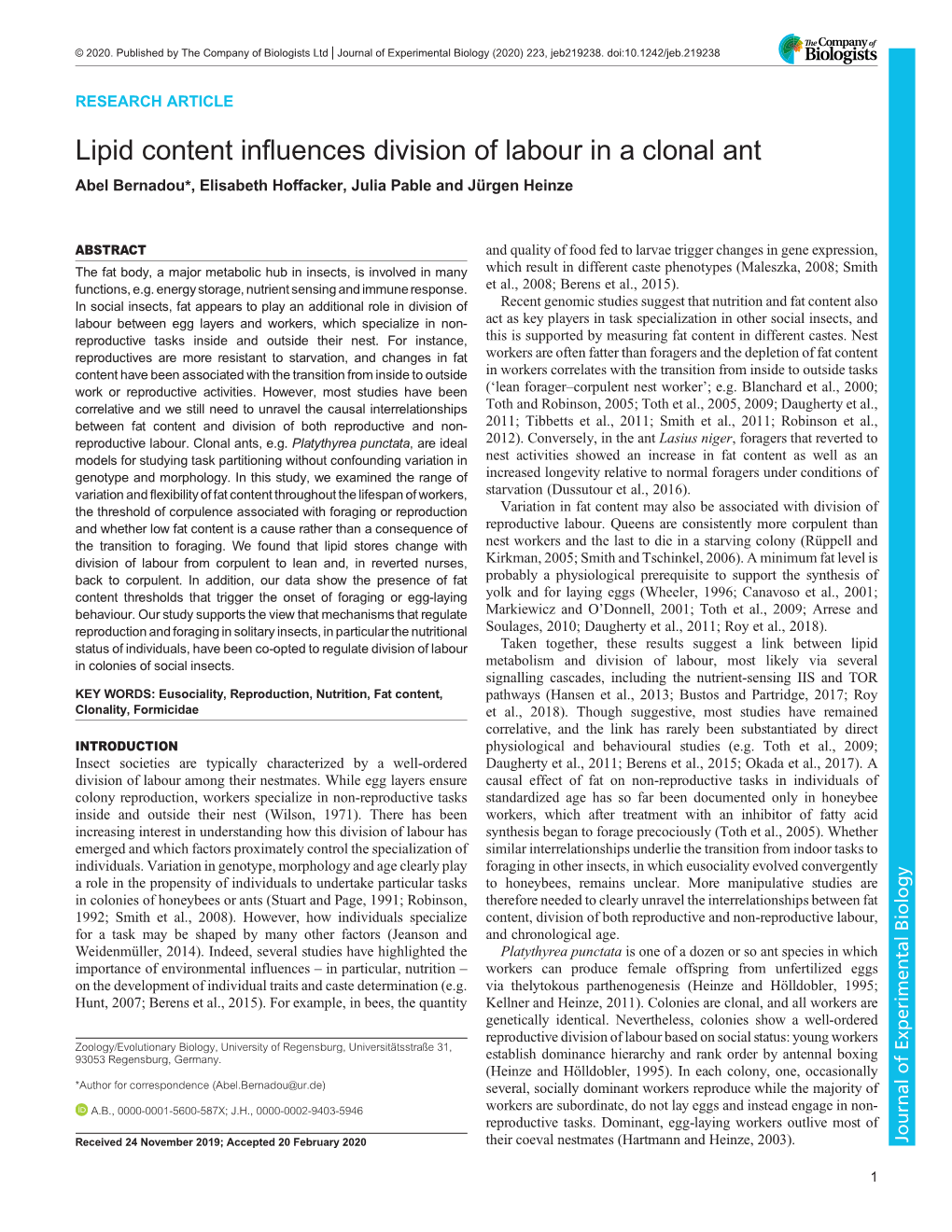 Lipid Content Influences Division of Labour in a Clonal Ant Abel Bernadou*, Elisabeth Hoffacker, Julia Pable and Jürgen Heinze