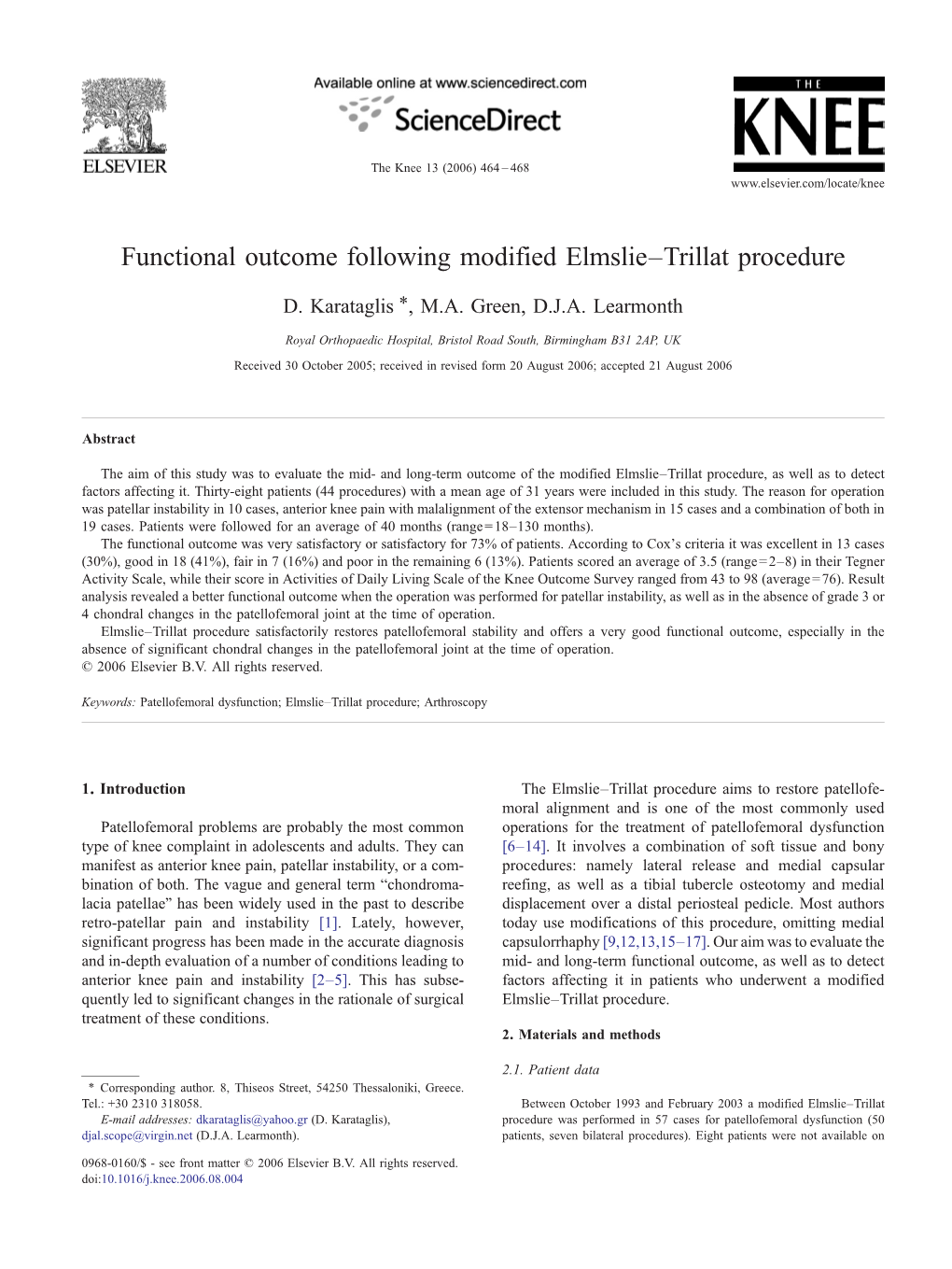 Functional Outcome Following Modified Elmslie–Trillat Procedure ⁎ D