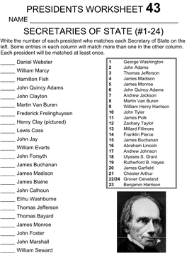 Presidents Worksheet 43 Secretaries of State