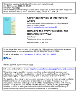 The Romanian New Wave Anca Pusca a a Goldsmiths, University of London Available Online: 11 Aug 2011