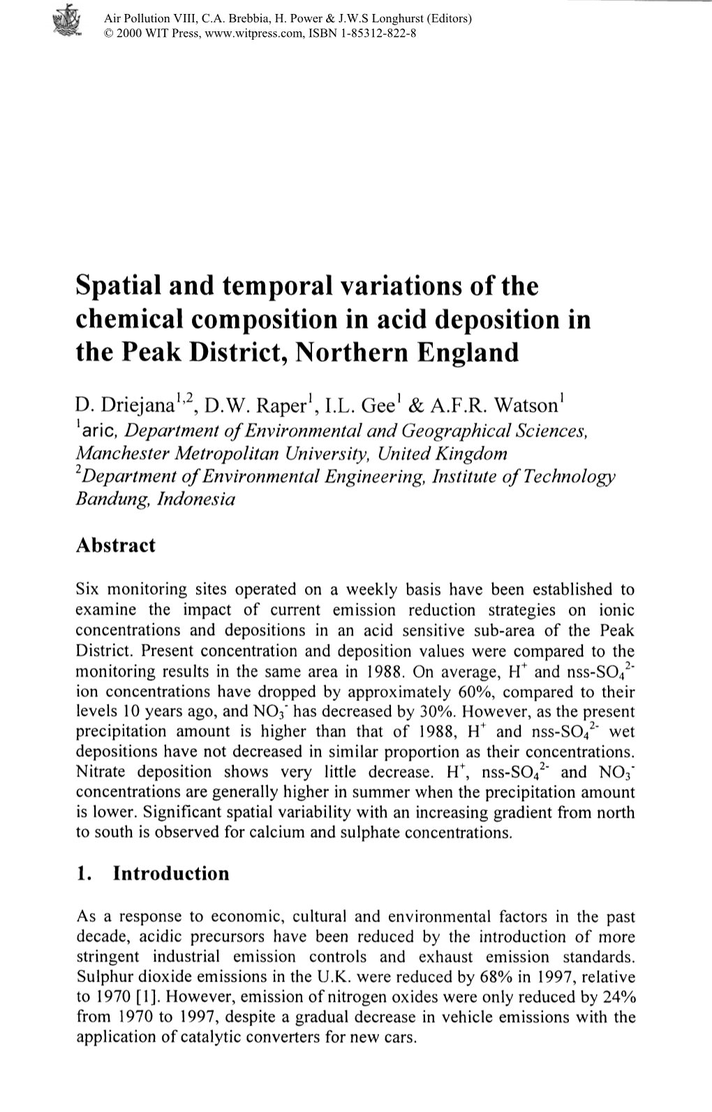 Spatial and Temporal Variations of the Chemical Composition in Acid Deposition in the Peak District, Northern England