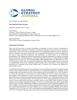 Call for Papers for a Special Issue Ownership and Global Strategy Submission Deadline: June 15, 2022 Guest Editors: Geoffrey T