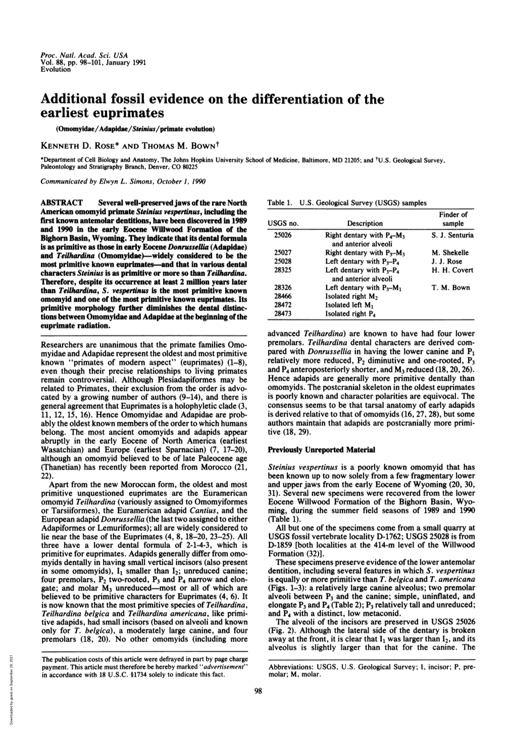 Additional Fossil Evidence on the Differentiation of the Earliest Euprimates (Omomyidae/Adapidae/Steinius/Primate Evolution) KENNETH D