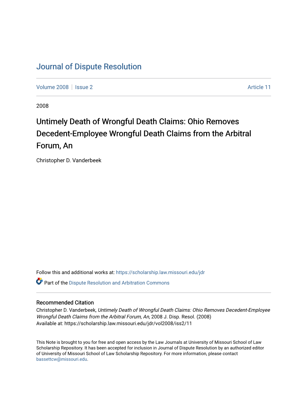 Untimely Death of Wrongful Death Claims: Ohio Removes Decedent-Employee Wrongful Death Claims from the Arbitral Forum, An