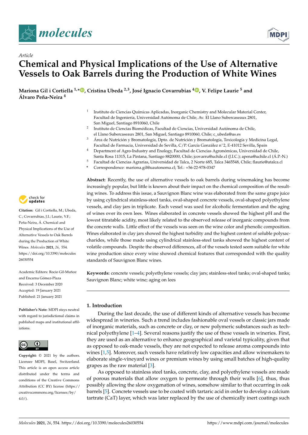 Chemical and Physical Implications of the Use of Alternative Vessels to Oak Barrels During the Production of White Wines