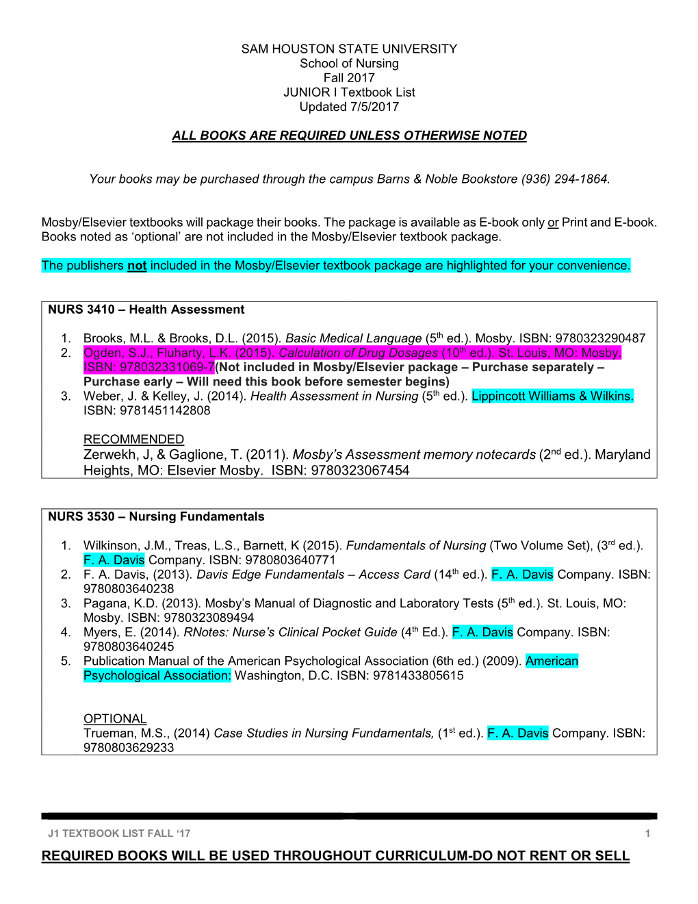 REQUIRED BOOKS WILL BE USED THROUGHOUT CURRICULUM-DO NOT RENT OR SELL JUNIOR I Textbook List Updated 3/29/2017