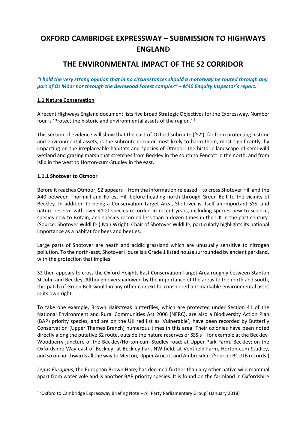 Oxford Cambridge Expressway – Submission to Highways England the Environmental Impact of the S2 Corridor