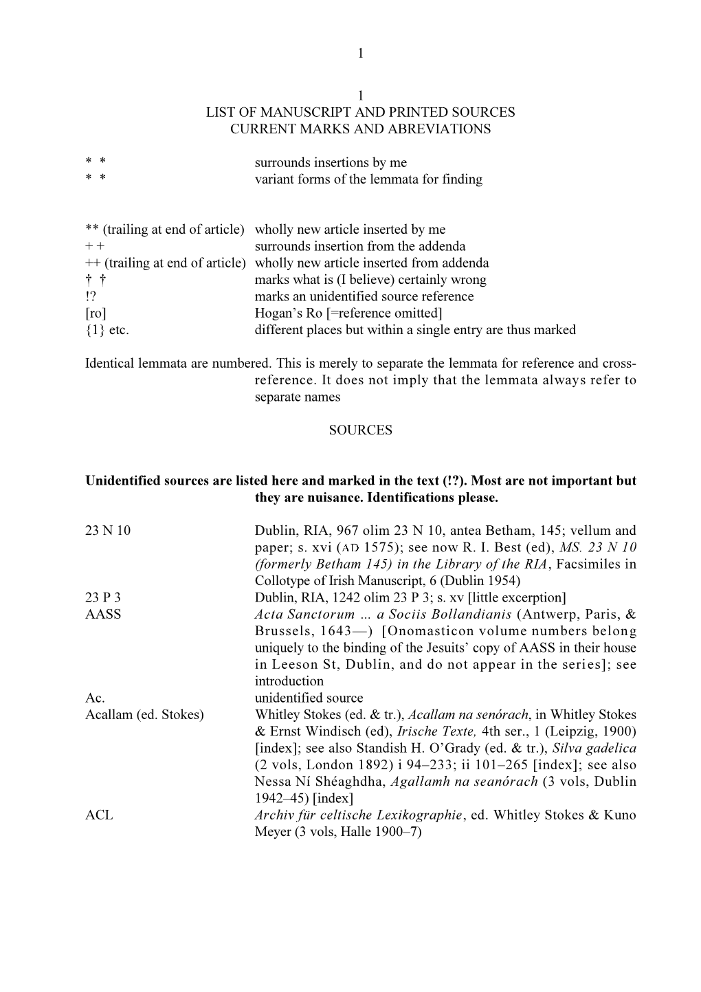 List of Manuscript and Printed Sources Current Marks and Abreviations