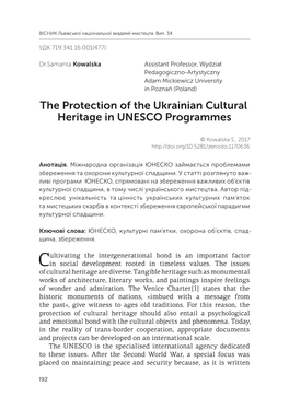 The Protection of the Ukrainian Cultural Heritage in UNESCO Programmes