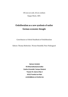 Ordoliberalism As a New Synthesis of Earlier German Economic Thought