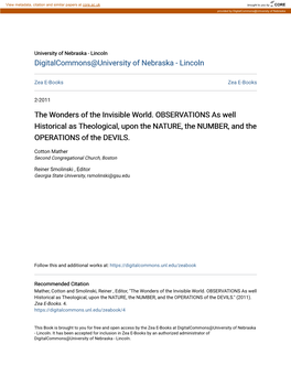 The Wonders of the Invisible World. OBSERVATIONS As Well Historical As Theological, Upon the NATURE, the NUMBER, and the OPERATIONS of the DEVILS