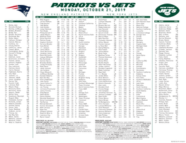 Patriots Vs Jets Monday, October 21, 2019 New England Patriots New York Jets No