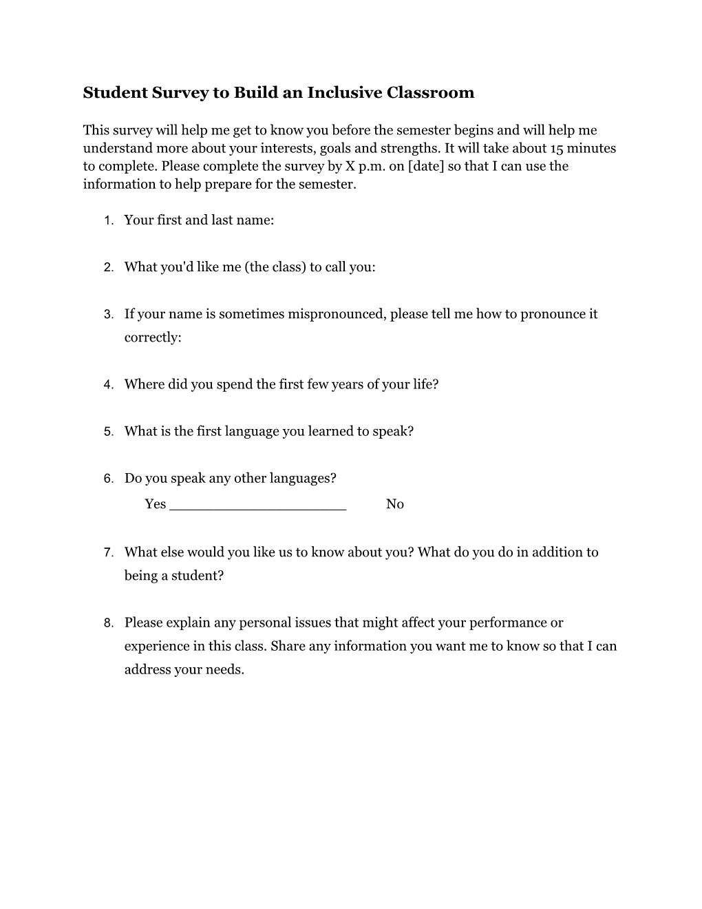 Building an Inclusive Classroom Summer Seminar Pre-Survey