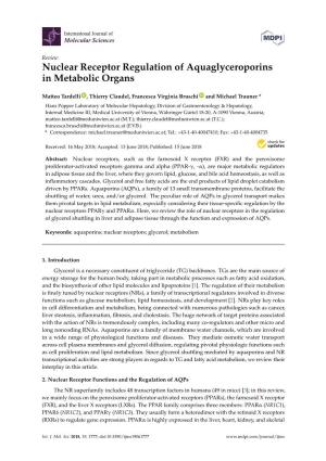 Nuclear Receptor Regulation of Aquaglyceroporins in Metabolic Organs