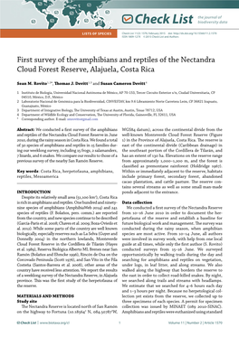 First Survey of the Amphibians and Reptiles of the Nectandra Cloud Forest Reserve, Alajuela, Costa Rica