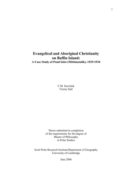 Evangelical and Aboriginal Christianity on Baffin Island: a Case Study of Pond Inlet (Mittimatalik), 1929-1934
