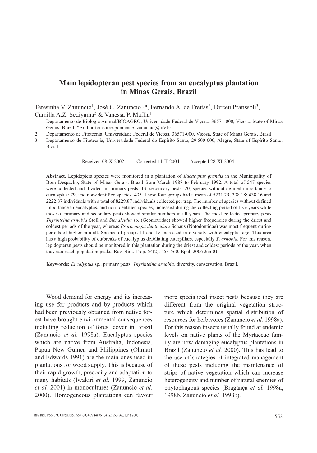 Lepidopteran Pest Species from an Eucalyptus Plantation in Minas Gerais, Brazil