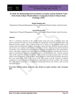 To Study the Relationship Between Return on Equity and the Intrinsic Value of the Stock in Basic Metals Industry Companies Listed in Tehran Stock Exchange (TSE)