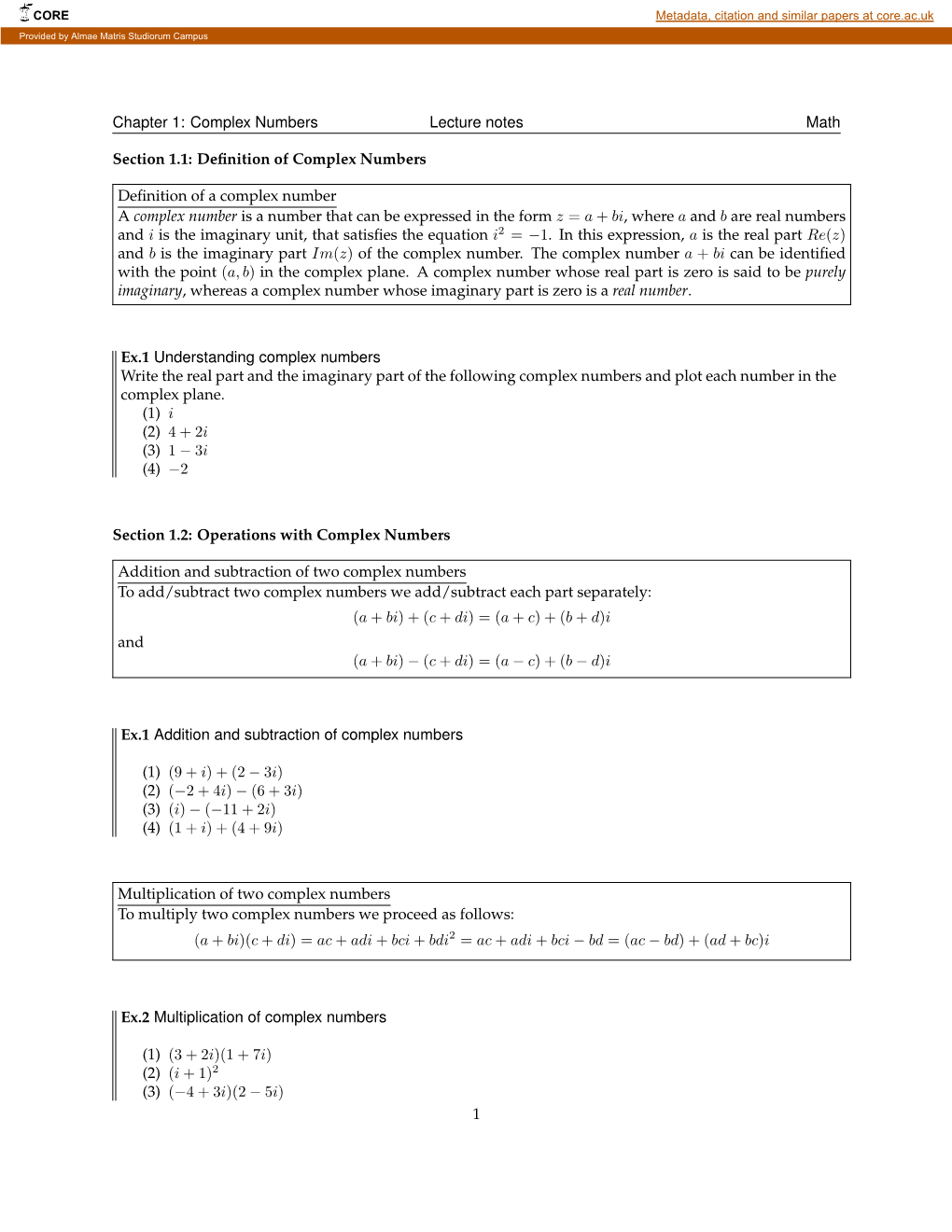 Chapter 1: Complex Numbers Lecture Notes Math Section