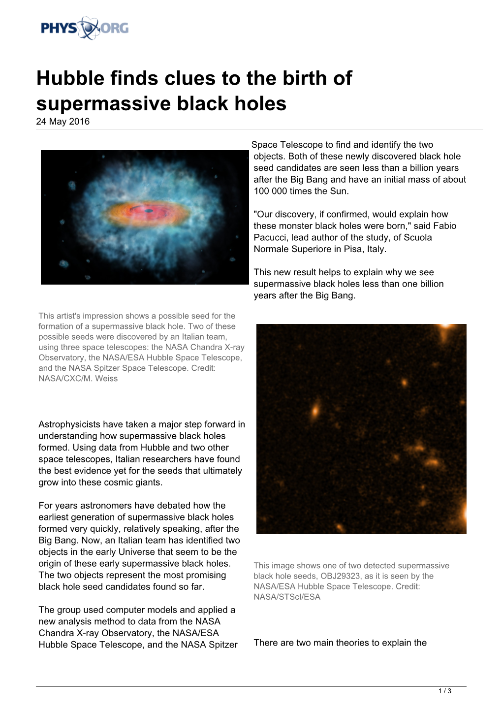 Hubble Finds Clues to the Birth of Supermassive Black Holes 24 May 2016