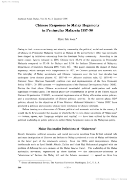 Chinese Responses to Malay Hegemony in Peninsular