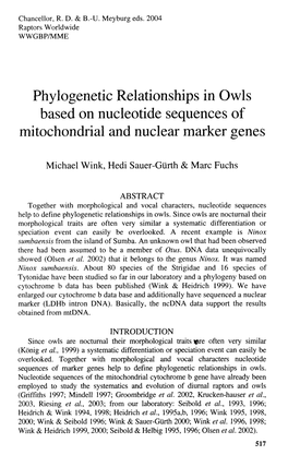 Phylogenetic Relationships in Owls Based on Nucleotide Sequences of Mitochondrial and Nuclear Marker Genes
