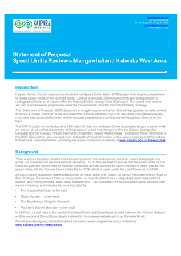 Statement of Proposal Speed Limits Review – Mangawhai and Kaiwaka West Area