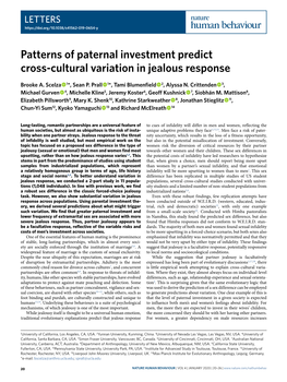 Patterns of Paternal Investment Predict Cross-Cultural Variation in Jealous Response