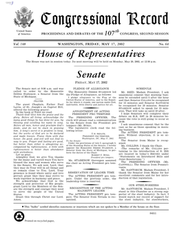 Congressional Record United States Th of America PROCEEDINGS and DEBATES of the 107 CONGRESS, SECOND SESSION