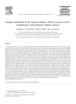 Energy Metabolism in the Tropical Abalone, Haliotis Asinina Linné: Comparisons with Temperate Abalone Species ⁎ J