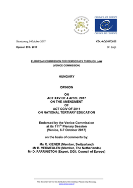 Hungary Opinion on Act Xxv of 4 April 2017 on The