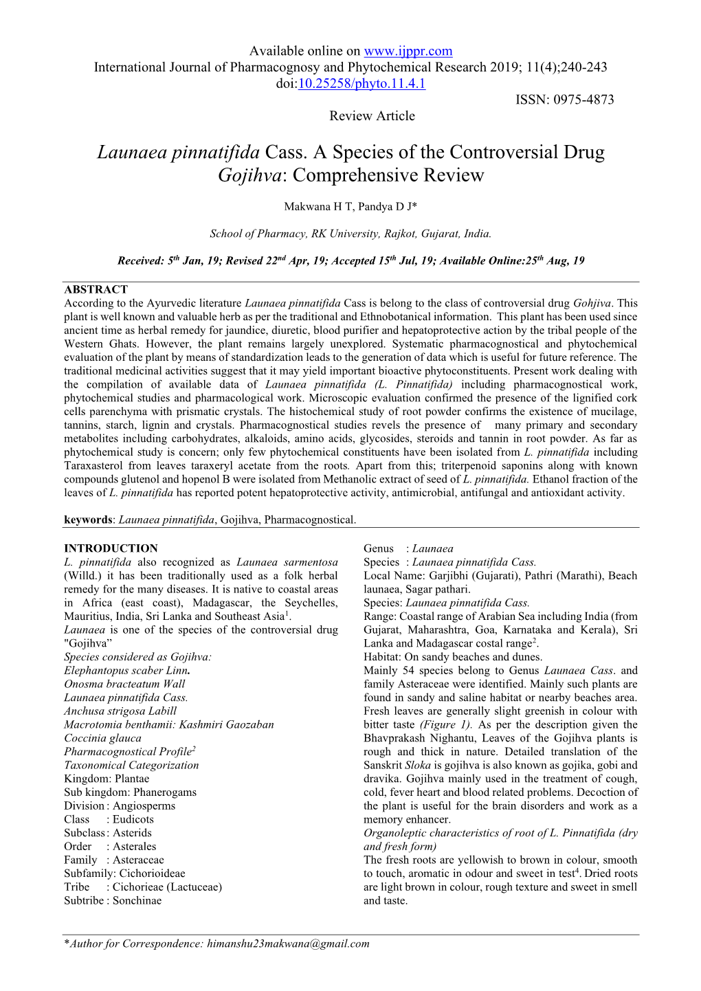 Launaea Pinnatifida Cass. a Species of the Controversial Drug Gojihva: Comprehensive Review