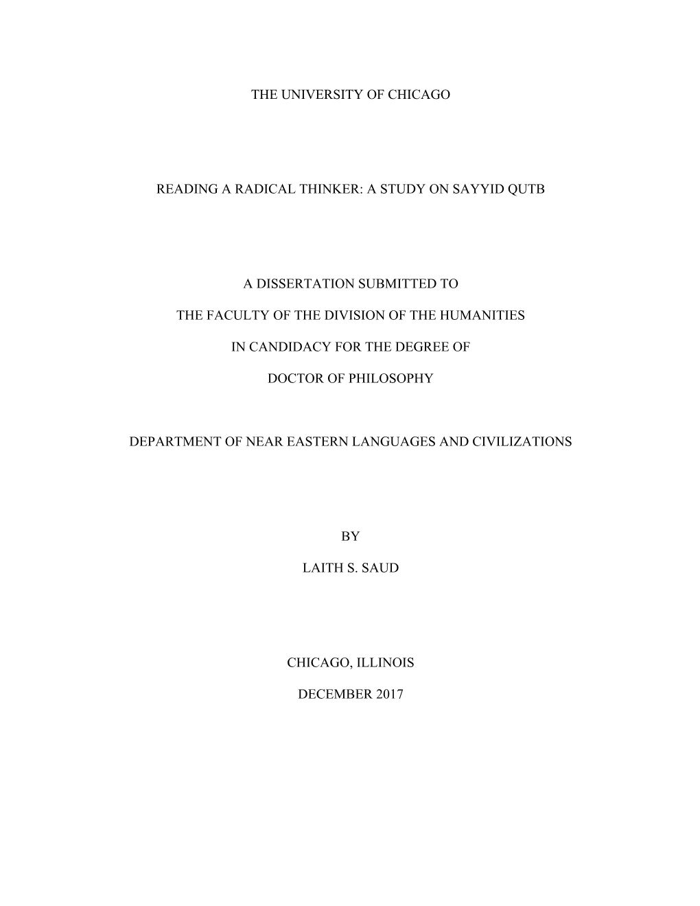 A Study on Sayyid Qutb a Dissertation Submitted To