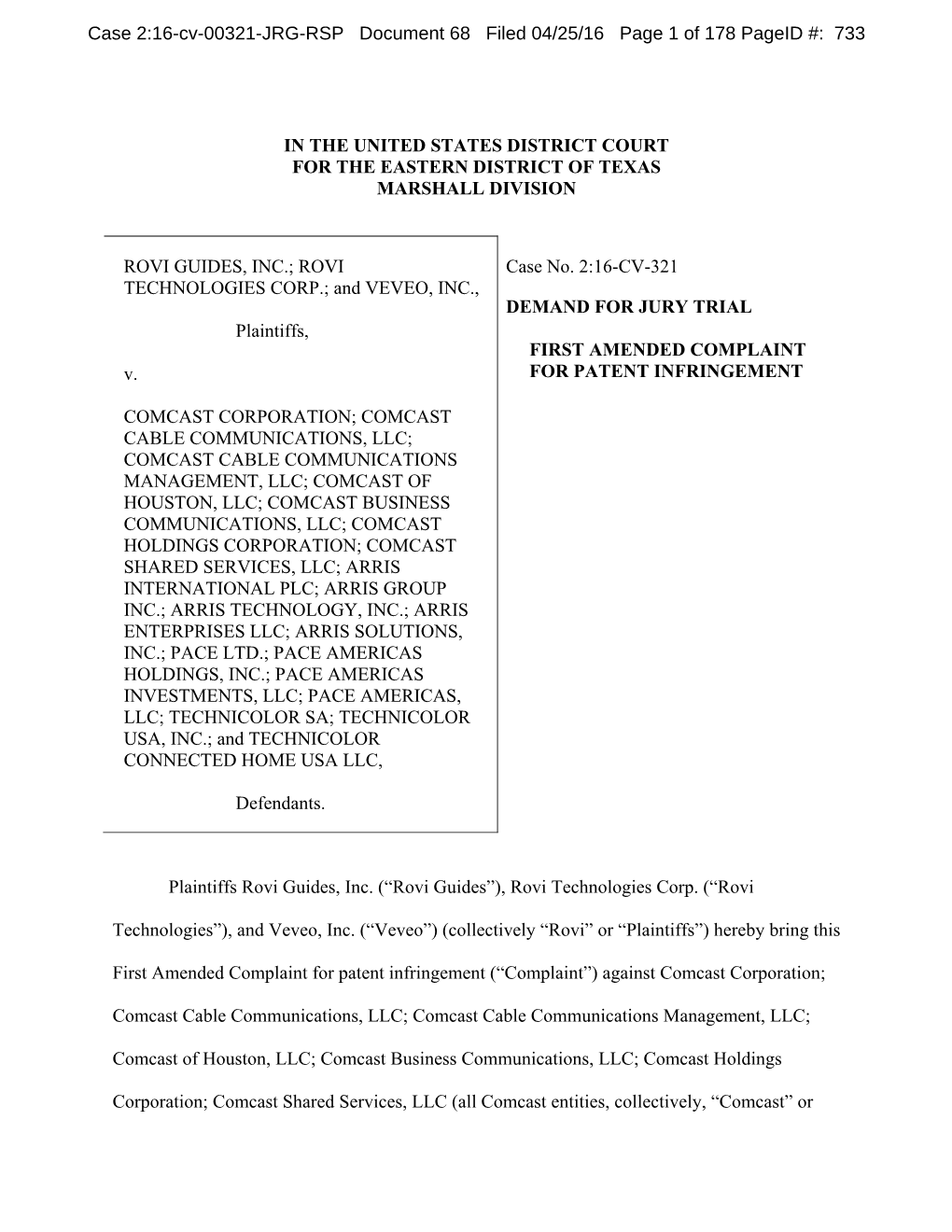 Case 2:16-Cv-00321-JRG-RSP Document 68 Filed 04/25/16 Page 1 of 178 Pageid #: 733