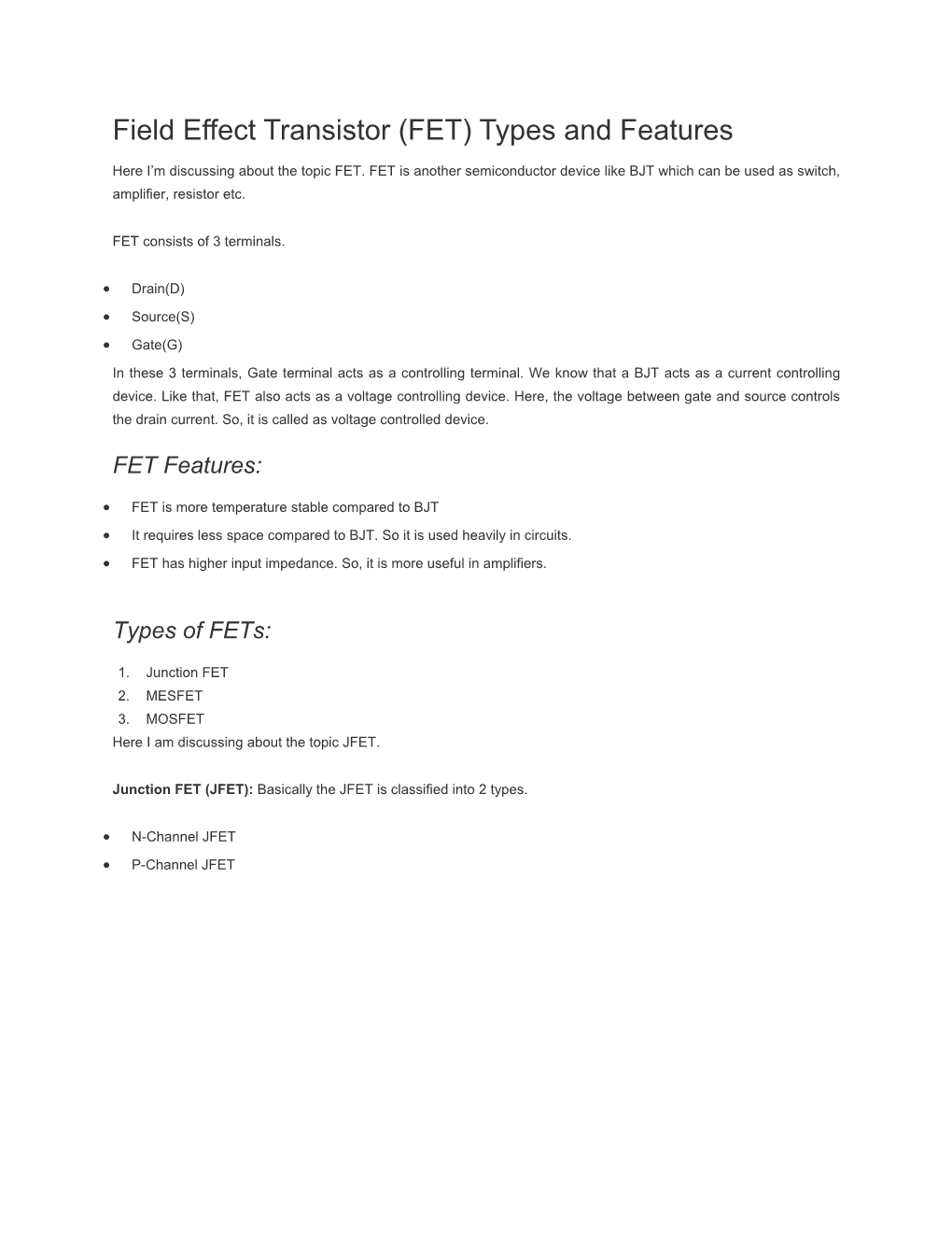 Field Effect Transistor (FET) Types and Features