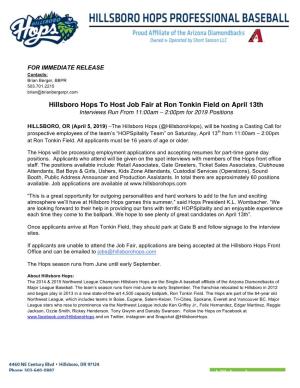 Hillsboro Hops to Host Job Fair on April 13Th