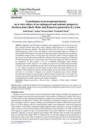 Contribution of Environmental Factors on in Vitro Culture of an Endangered and Endemic Mangroves Heritiera Fomes Buch.-Ham