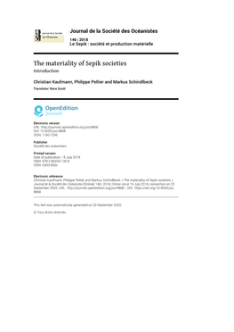 Journal De La Société Des Océanistes, 146 | 2018 the Materiality of Sepik Societies 2