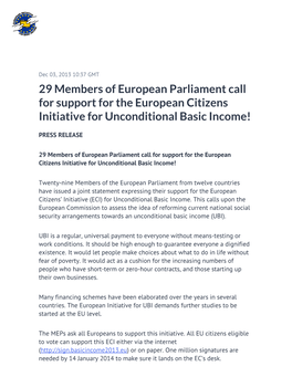 29 Members of European Parliament Call for Support for the European Citizens Initiative for Unconditional Basic Income!