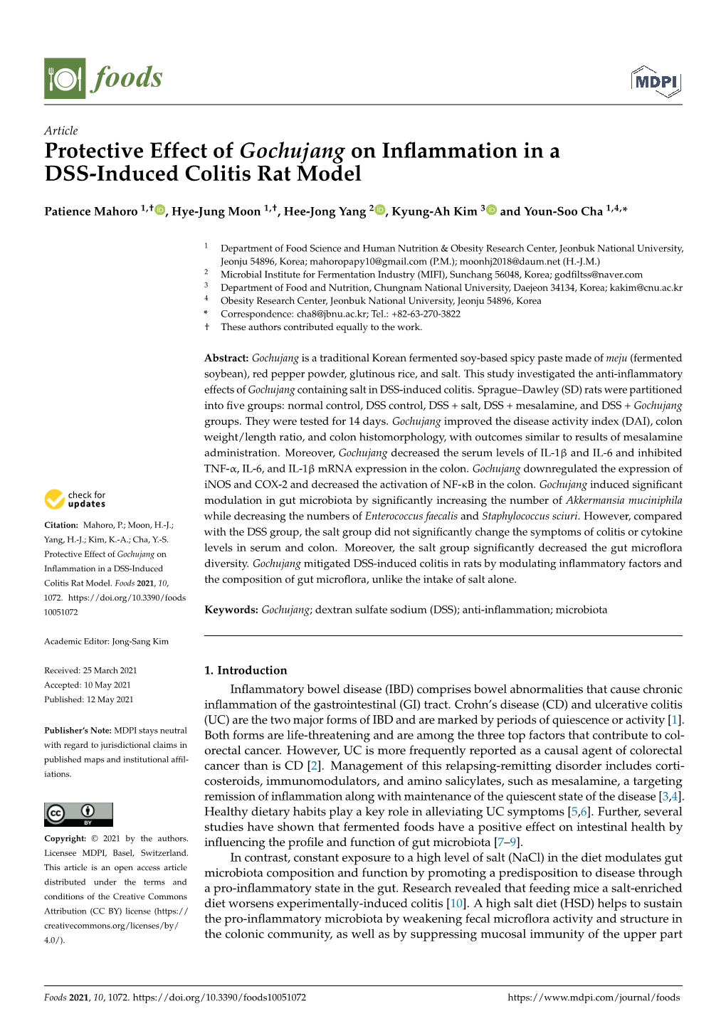 Protective Effect of Gochujang on Inflammation in a DSS-Induced Colitis Rat Model