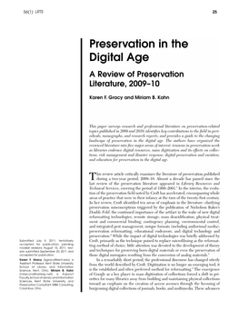 Preservation in the Digital Age a Review of Preservation Literature, 2009–10