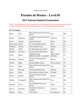 Premios De Bronce - Level 01 2013 National Spanish Examination