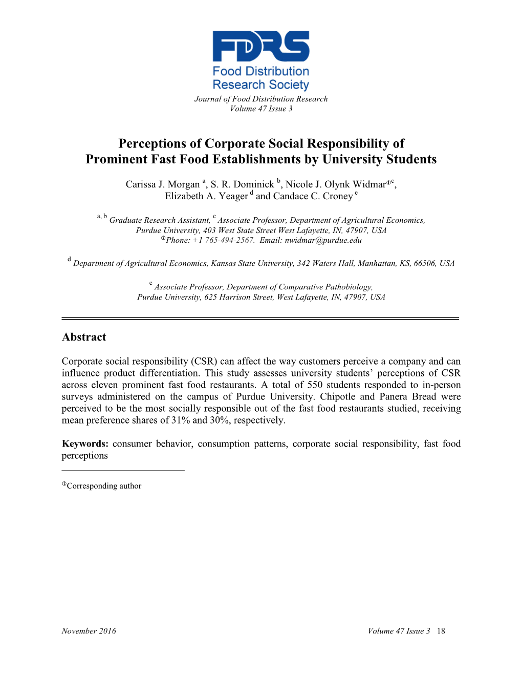 Perceptions of Corporate Social Responsibility of Prominent Fast Food Establishments by University Students