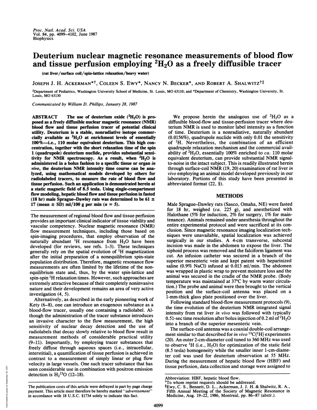 And Tissue Perfusion Employing 2H20 As a Freely Diffusible Tracer (Rat Liver/Surface Coil/Spin-Lattice Relaxation/Heavy Water) JOSEPH J