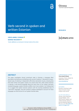 Verb-Second in Spoken and Written Estonian RESEARCH
