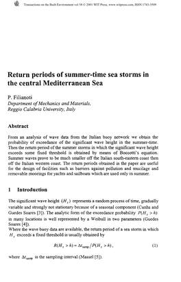 Return Periods of Summer-Time Sea Storms in the Central Mediterranean Sea