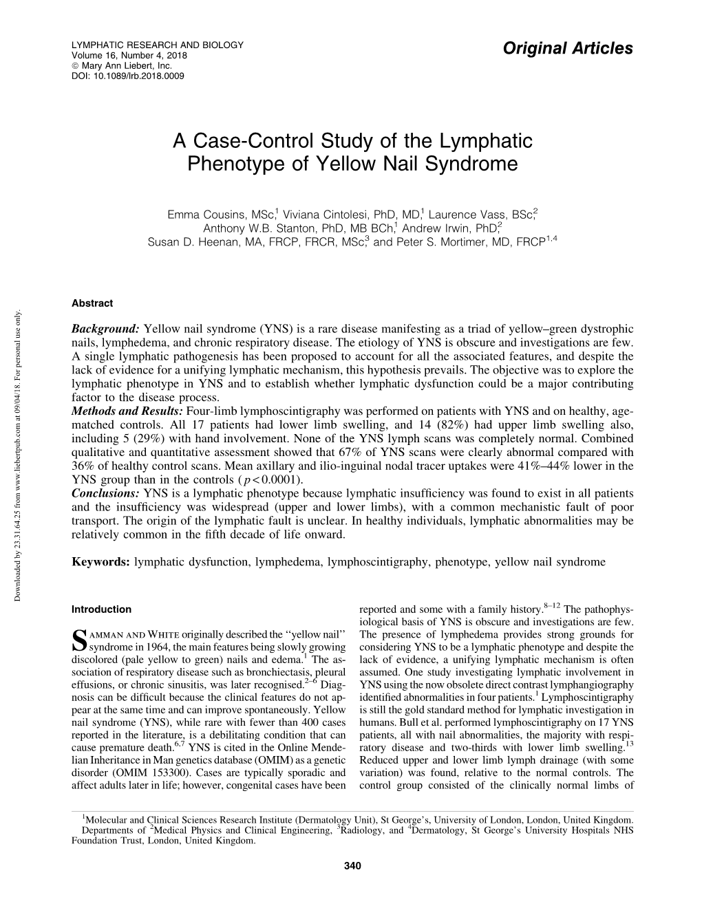 A Case-Control Study of the Lymphatic Phenotype of Yellow Nail Syndrome