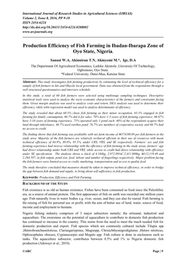 Production Efficiency of Fish Farming in Ibadan-Ibarapa Zone of Oyo State, Nigeria