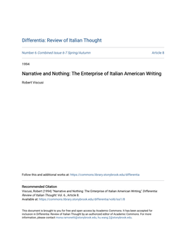 Narrative and Nothing: the Enterprise of Italian American Writing