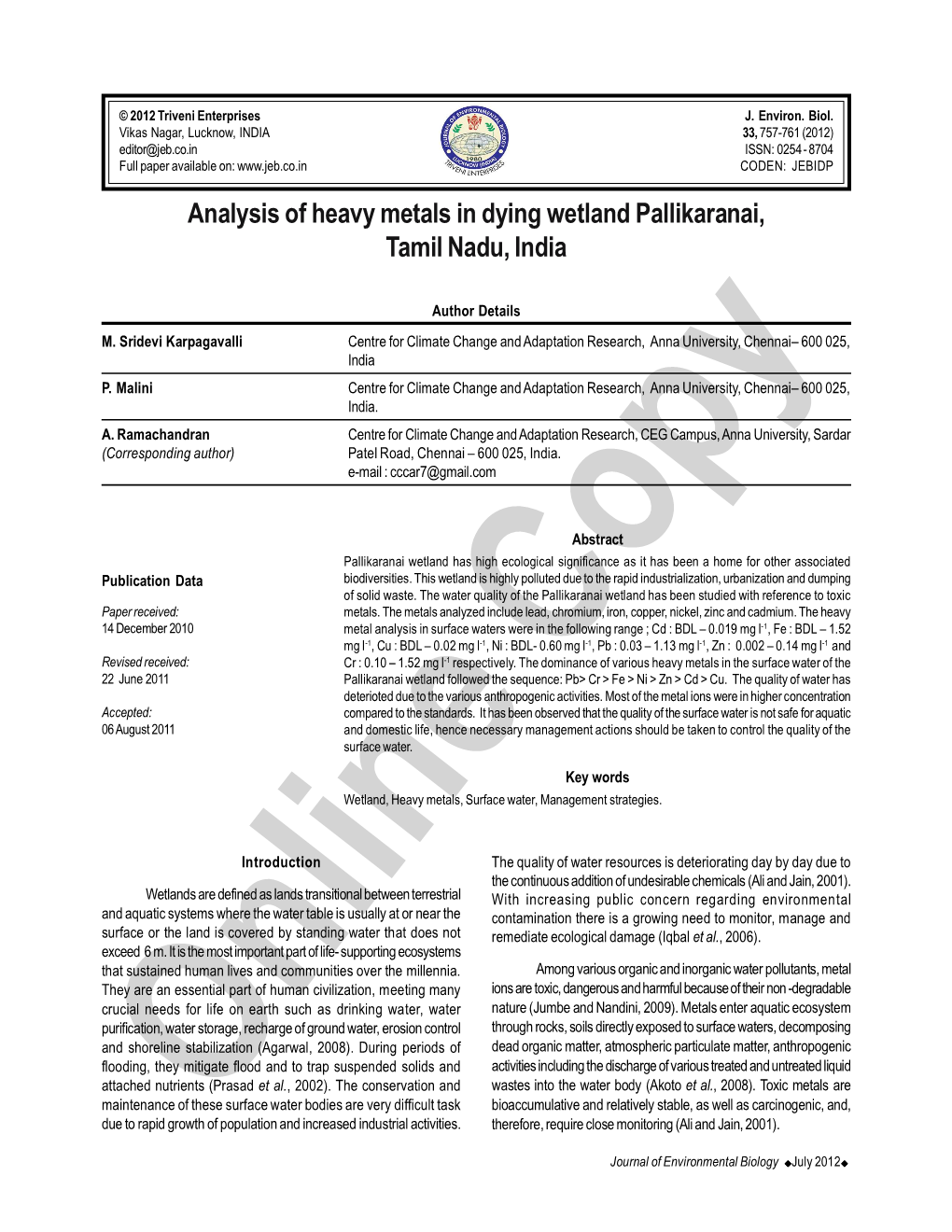 Analysis of Heavy Metals in Dying Wetland Pallikaranai, Tamil Nadu, India